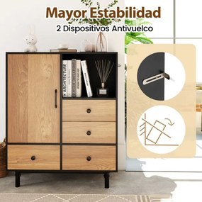 Armário com 4 gavetas e compartimento aberto, com pés de metal 80 x 45,5 x 97,5 cm Preto