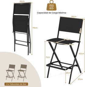 Conjunto de 2 bancos Bar dobráveis para varanda, jardim e piscina com estrutura metálica e apoio para os pés  Carga de 150 kg 46 x 57 x 102 cm Preto