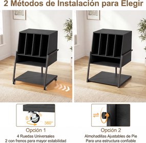 Suporte para gira-discos 54 x 57 x 76,5 cm com base de carregamento padrão europeu; prateleira para discos de vinil com rodas e pés ajustáveis preto