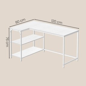 Secretária  em L com espaço de arrumação 120 x 80 x 76 cm, prateleira ajustável em altura Branca