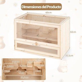 Gaiola de madeira para hamsters com tampa de malha rebatível, várias áreas para escalar, rampa, painel acrílico, porta com fechadura castanha