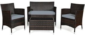 Conjunto de Móveis 4 Peças Rattan para Pátio Exterior Mesa e Sofá com Almofada Conjunto de Conversação Mão-Tecido para Piscina de Jardim Castanho