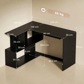 Secretária de canto, 120 x 100 x 76 cm, secretária em L para computador com suporte para teclado, 4 compartimentos abertos, preta
