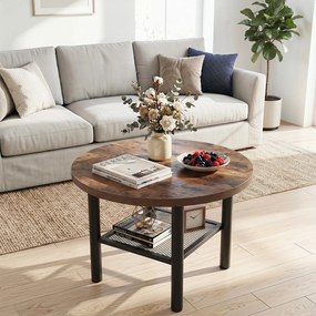 Mesa de Centro Redonda, 60 x 60 x 42 cm, Arrumação em 2 Níveis, Castanho+Preto