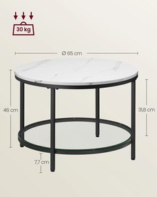 Mesa de centro de 2 níveis com tampo de vidro imitação mármore 65 x 46 cm (Ø x H) branco e Preto