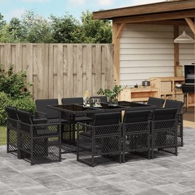 vidaXL 11 pcs conjunto de jantar p/ jardim c/ almofadões vime PE preto