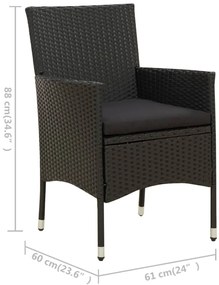 5 pcs conjunto jantar exterior com almofadões vime PE preto