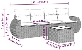 5 pcs conj. sofás jardim c/ almofadões vime PE cinzento-claro