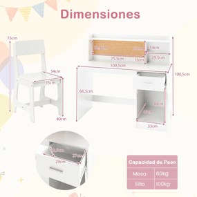 Conjunto de secretaria e cadeira infantil com estante, gaveta, armário, quadro de cortiça e banco com encosto inclinado 109,5 x 48 x 100,5 cm Branco