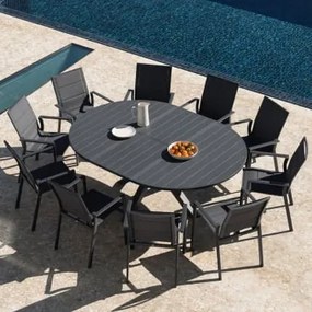 Conjunto De Mesa Extensível Redonda Barces 145-200x145 Cm E 10 Cadeiras De Jardim Empilháveis Em Alumínio Karena Com Braços Cinza Grafito - Sklum