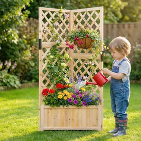 Floreira de jardim 55 x 55 x 140 cm elevada de canto com treliça para trepar com orifícios de drenagem para plantas natural