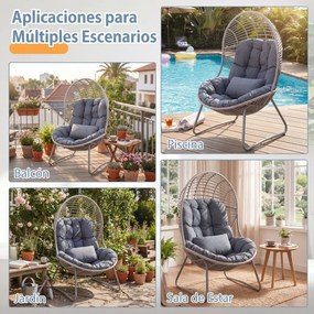 Cadeira jardim «Ovo Grande» 98 x 88,5 x 137,5 cm com almofada removível, travesseiro e Estrutura metálica para sala, varanda ou alpendre Bege + Cinzen