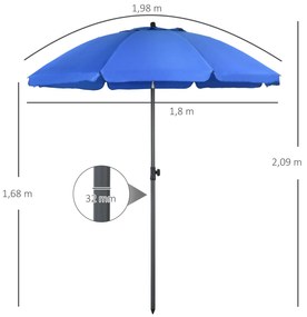 Chapéu de Sol de Praia Grande Ø180 cm Chapéu de Sol de Exterior com Ângulo Ajustável Proteção UV50+ Mastro de Ø32 mm Azul