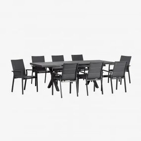 Conjunto De Mesa Extensível Retangular (180-240x90 Cm) E 8 Cadeiras De Jardim Empilháveis De Alumínio Karena Cinza Grafito - Sklum