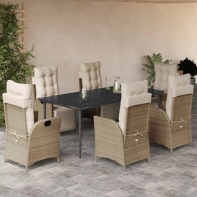 7 pcs conjunto de jantar p/ jardim com almofadões vime PE bege