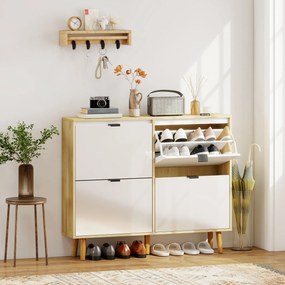 Sapateira Estreita com 4 Portas em Branco Brilho Prateleiras Ajustáveis Pernas de Madeira para 20 Pares de Sapatos 105x24x92,5 cm