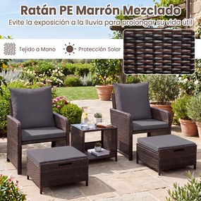 Conjunto de 5 Peças de Mobiliário de Jardim, 2 Cadeiras, Mesa e 2 Apoios para os Pés, 45,5 x 45,5 x 43 cm, Rattan PE Resistente, Cinzento