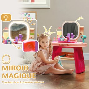 Conjunto de 23 Peças de Toucador Infantil, 55 x 29 x 71 cm, Espelho com Luz LED, Cor-de-Rosa