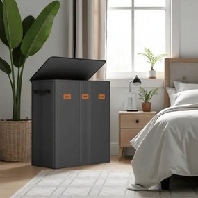 Cesto da roupa suja 160L com 3 compartimentos 64 x 33 x 75 cm, sacos interiores removíveis e laváveis, cesto da roupa com tampa preto
