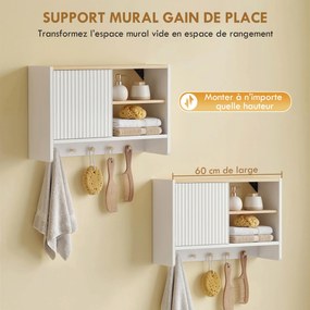 Armário de parede para casa de banho 60 (L) x 20 (P) x 40 (A) cm, móvel de arrumação para casa de banho com porta, prateleiras abertas e 5 ganchos bra