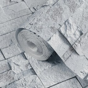 Papel de parede 3D com aspeto de pedra cinzento-claro