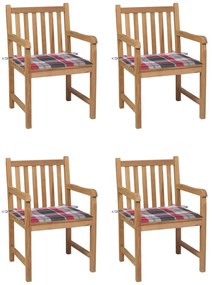 vidaXL Cadeiras jardim c/ almofadões xadrez vermelho 4 pcs teca maciça