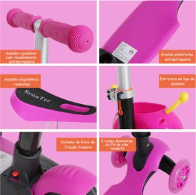Trotinete 5 em 1 para Crianças com 3 Rodas Assento Removível e Guiador Ajustável Carga Máxima 50 kg 62x25x72,5 cm Rosa