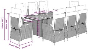 9 pcs conjunto de jantar p/ jardim c/ almofadões vime PE cinza