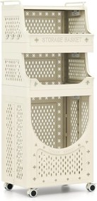 Carrinho para roupa suja 40 x 30 x 100 cm com 4 níveis com Cesto dobrável com 2 cestos 6 ganchos para pendurar com rodas bege