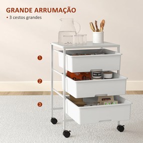 Carrinho Auxiliar com Rodas Carrinho de Cozinha de 3 Níveis com 3 Cestos e Estrutura de Aço 40,8x33,5x60,5 cm Branco