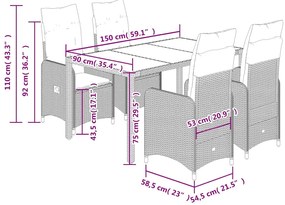 5 pcs conjunto bistrô de jardim c/ almofadões vime PE cinza