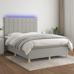 Cama box spring c/ colchão e LED 140x200 cm tecido cinza-claro