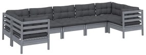 7 pcs conjunto lounge de jardim c/ almofadões pinho cinza