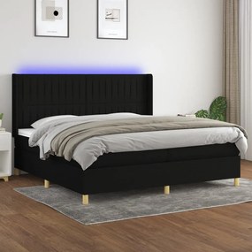 Cama box spring c/ colchão e LED 200x200 cm tecido preto