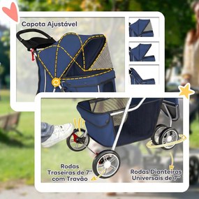 Carrinho Dobrável para Cães Pequenos até 10 kg com 3 Rodas, Capota, Cesta, Janelas em Rede e Porta-copos, Azul-Escuro