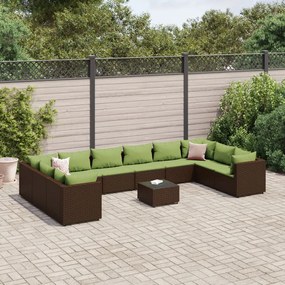 vidaXL 11 pcs conjunto lounge jardim c/ almofadões vime PE castanho