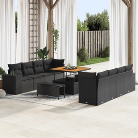 Conjunto de Sofá de Jardim de 11 Peças com Almofadas Preto Poly Rattan