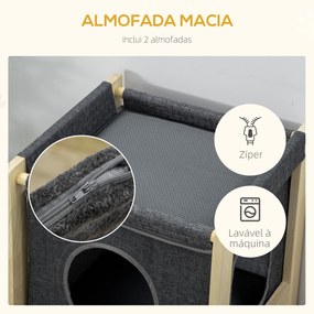 Casa para Gatos de Madeira em Forma de Barril Arranhador para Gatos Casa para Gatos de Interior com 2 Almofadas Amovíveis e Laváveis 40x40x70cm Cinza