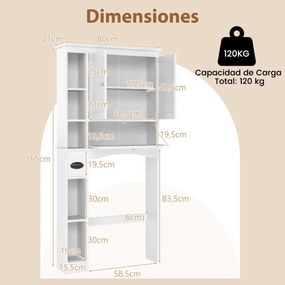 Armário de armazenamento Casa de Banho sobre Sanita com 2 portas 80 cm x 21 cm x 165 cm, prateleira ajustável e barra inferior, suporte para papel hig
