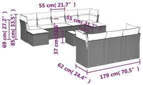 11 pcs conjunto sofás de jardim c/ almofadões vime PE castanho