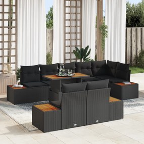 vidaXL Set de Jardim de 9 Peças com Almofadas Preto Rattan Sintético Acácia