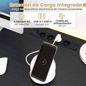 Secretária de escritório : 145 x 50 x 147,5 cm com luzes LED e tomadas elétricas Suporte para CPU e bolso de tecido preto