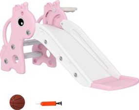 Escorrega infantil 3 em 1 em forma de girafa com cesto de basquetebol, trepa-trepa e bola, 106 x 51,5 x 52 cm, rosa