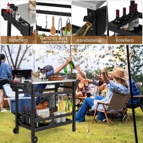 Carrinho de cozinha e de jardim com suporte para forno de pizza em PEAD com rodas Mesa para garrafas de vinho em aço inoxidável 105 x 54 x 85 cm Preto