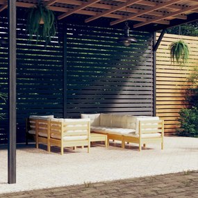 vidaXL 8 pcs conjunto lounge jardim c/ almofadões creme pinho maciço