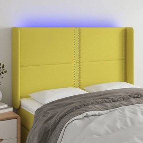 vidaXL Cabeceira de cama c/ luzes LED tecido 147x16x118/128 cm verde