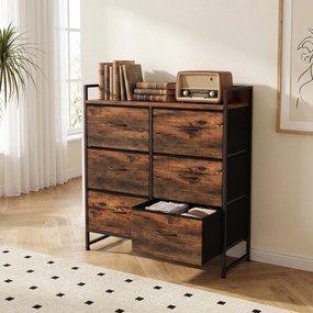 Cômoda, móvel de arrumação para quarto 6 gavetas tecido não tecido estrutura em aço, 80 x 29 x 85 cm, efeito madeira mogno