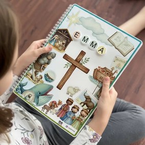 Bíblia interativa personalizada para crianças com velcro (A4) – 17 histórias bíblicas essenciais
