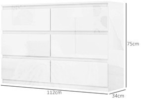 Cómoda com 6 Gavetas de Madeira Cómoda de Dormitório Cómoda Branca Estilo Moderno 112x34x75 cm Branco Brilhante