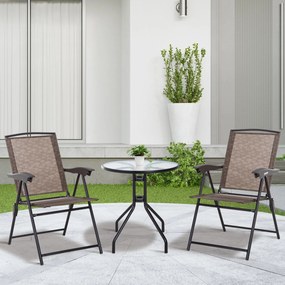 Conjunto de jardim de 3 peças: 2 cadeiras reclináveis com várias posições e dobráveis + mesa redonda em vidro temperado Castanho
